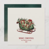 贈り物と緑のあるヴィンテージクリスマスそり サンキューカード (正面/裏面)