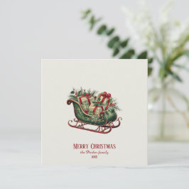 贈り物と緑のあるヴィンテージクリスマスそり サンキューカード