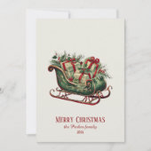 贈り物と緑のあるヴィンテージクリスマスそり シーズンカード (正面)