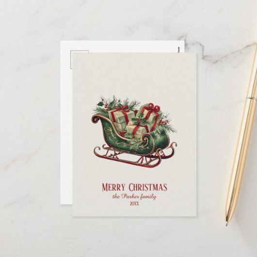 贈り物と緑のあるヴィンテージクリスマスそり シーズンポストカード (正面/裏面インサイチュ)