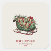贈り物と緑のあるヴィンテージクリスマスそり スクエアシール (正面)