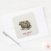 贈り物と緑のあるヴィンテージクリスマスそり スクエアシール (封筒)