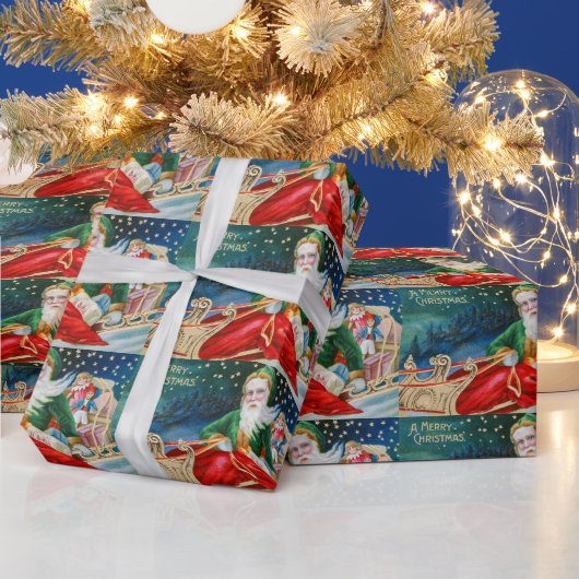 贈り物と雪のあるビンテージクリスマスサンタクロース ラッピングペーパー (クリスマス)