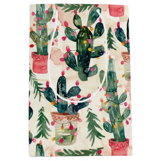 贈り物のための水色サボテンのクリスマスラ与えイト ミディアムペーパーバッグ (正面)