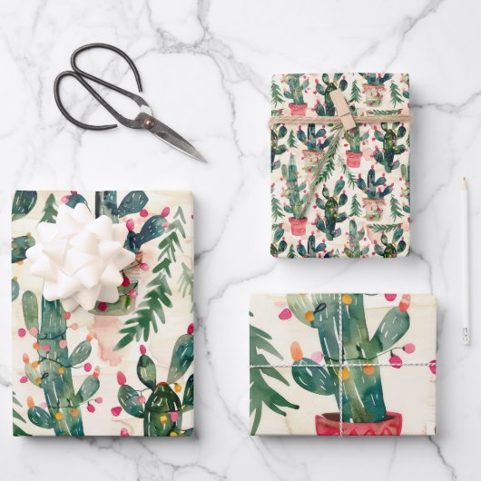 贈り物のための水色サボテンのクリスマスラ与えイト ラッピングペーパーシート (正面)