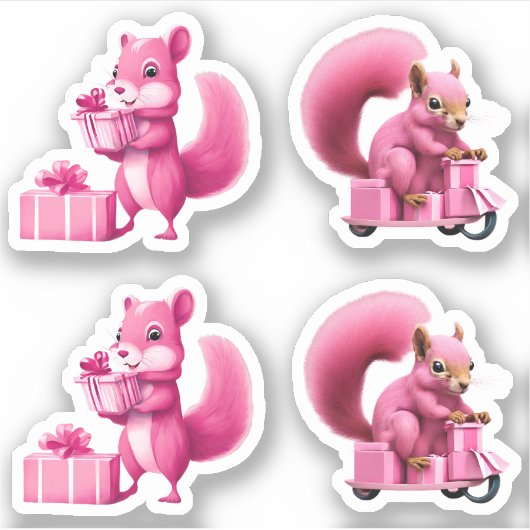 贈り物を届けるピンクのクリスマスリスプレゼント シール (正面)