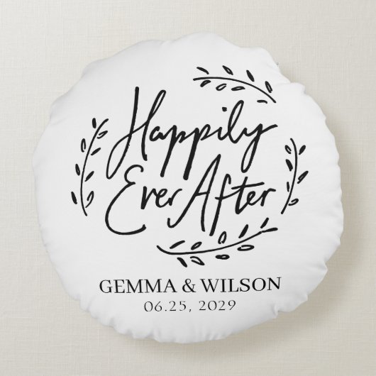 贈り物を投げパーソナライズされたた後結婚楽しく ラウンドクッション (裏面)
