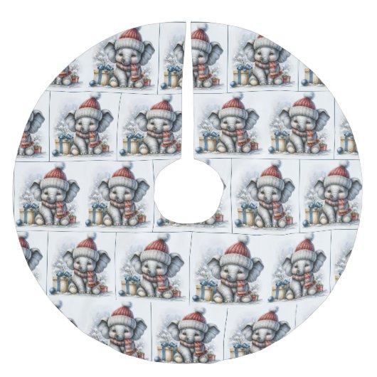 贈り物を持ったクリスマスゾウ ブラッシュドポリエステルツリースカート (正面)