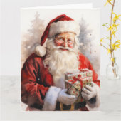 贈り物を持ったサンタクロースの絵を描く カード (黄色い花)