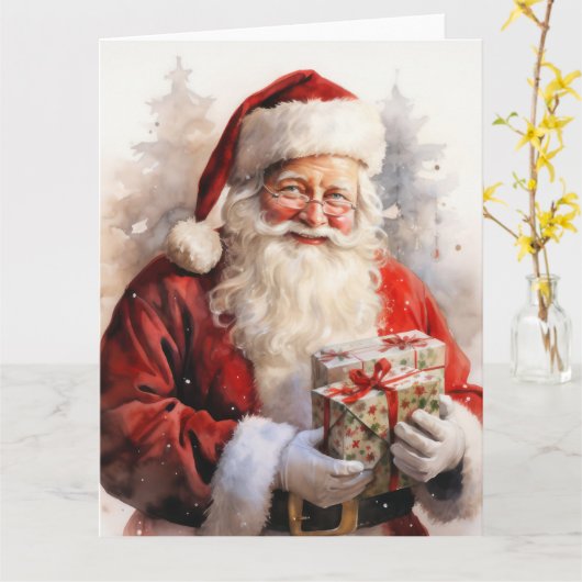 贈り物を持ったサンタクロースの絵を描く カード (黄色い花)