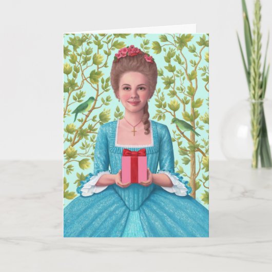 「贈り物を持っている18世紀の女性」 グリーティングカード (正面)