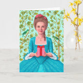 「贈り物を持っている18世紀の女性」 グリーティングカード (黄色い花)