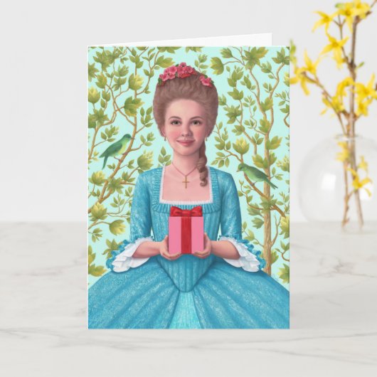 「贈り物を持っている18世紀の女性」 グリーティングカード (黄色い花)
