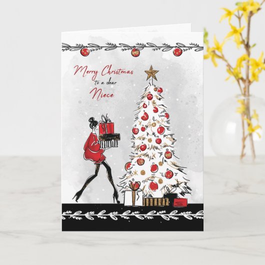 贈り物を添えた姪スタイリッシュの女性のためのクリスマス カード (黄色い花)