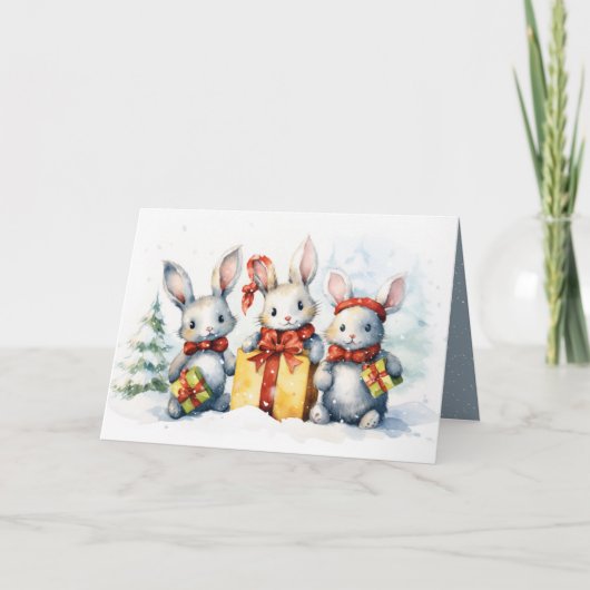 贈り物を贈るクリスマスのウサギ シーズンカード (正面)