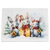 贈り物を贈るクリスマスのウサギ ラージペーパーバッグ (正面)