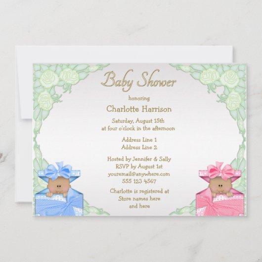 贈り物ボックスにエスニック双生児バラ赤ちゃんシャワー 招待状 (裏面)