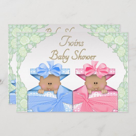 贈り物ボックスにエスニック双生児バラ赤ちゃんシャワー 招待状 (正面/裏面)