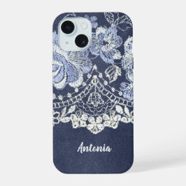 贋作のブルーベルベットと模造レースの刺繍 iPhone 15ケース
