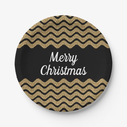 贋金グリッター黒ストライプクリスマス ペーパープレート (正面)