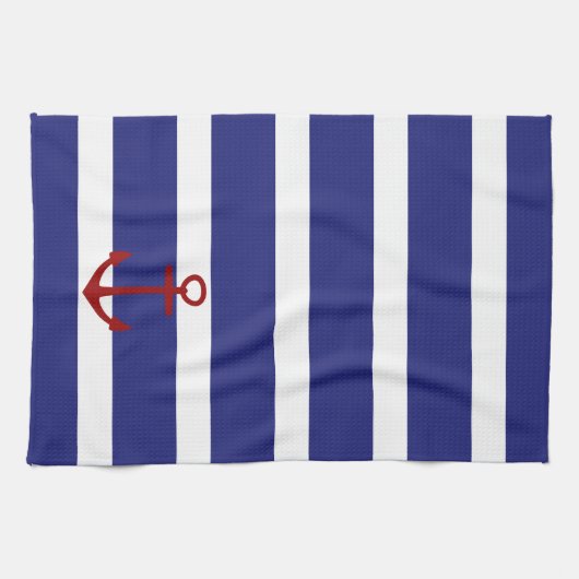 赤いいかりが付いている航海ので青および白のストライプ キッチンタオル (横)