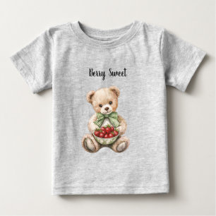 赤いいちごの甘い緑のリボンのテディベア ベビーTシャツ