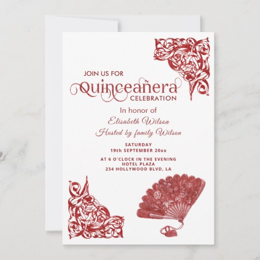 赤いおしゃれな扇子とロマンチックなバラのキンセアニエラ 招待状 (正面)