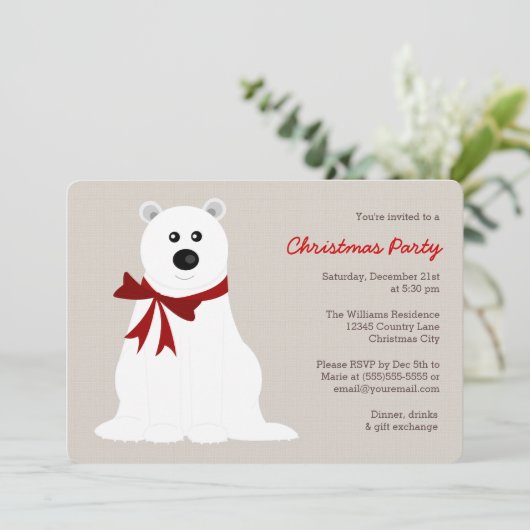 赤いおじぎをしたかわいいシロクマのクリスマスパーティー 招待状 (スタンド正面)