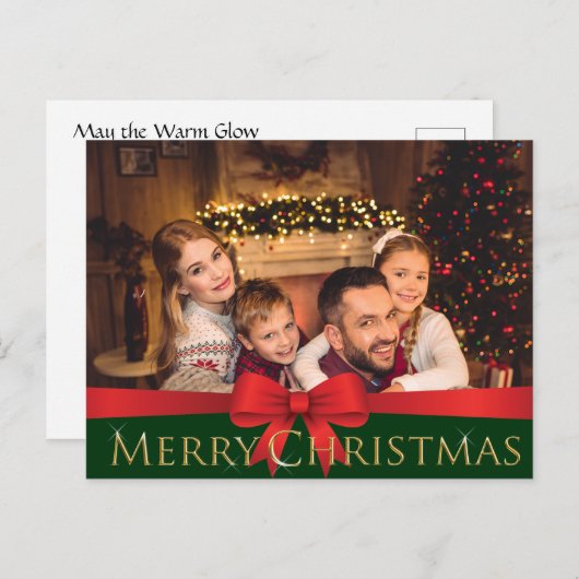 赤いおじぎ金のメリーきらめくクリスマス写真 シーズンポストカード (正面/裏面)