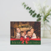 赤いおじぎ金のメリーきらめくクリスマス写真 シーズンポストカード (スタンド正面)
