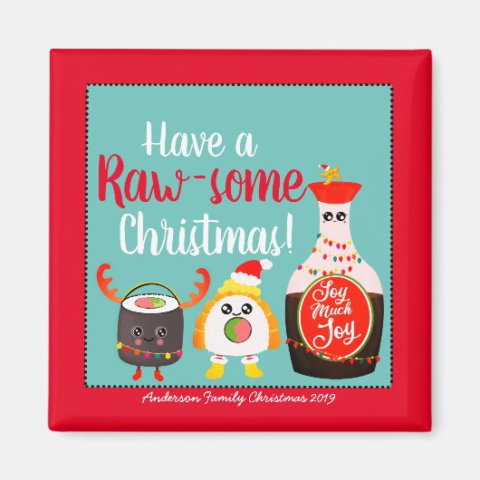 赤いおもしろいかわいいの寿司がクリスマスを飾る マグネット (正面)