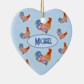 赤いおもしろいオンドリCockerel青と白の斑点C セラミックオーナメント (右)