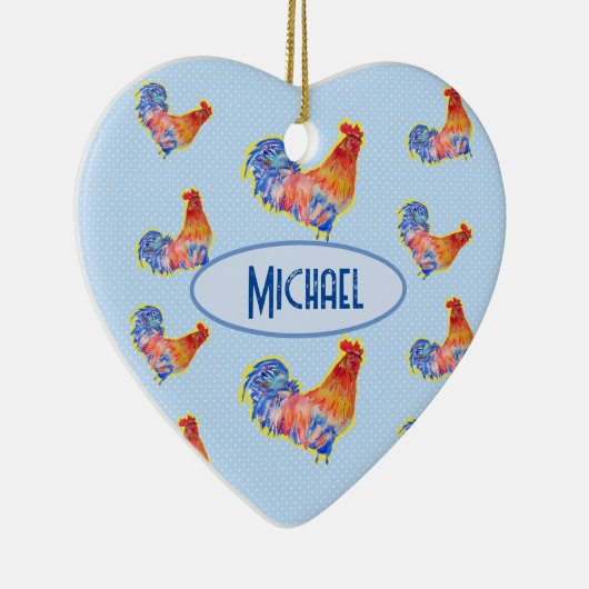 赤いおもしろいオンドリCockerel青と白の斑点C セラミックオーナメント (右)