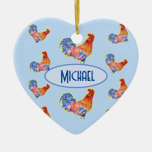 赤いおもしろいオンドリCockerel青と白の斑点C セラミックオーナメント (正面)