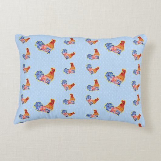 赤いおもしろいオンドリCockerel青と白の斑点Fl アクセントクッション (裏面)