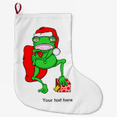 赤いおもしろいサンタクロースの帽子をかぶったカエル ラージクリスマスストッキング (正面)