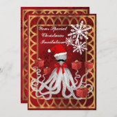 赤いおもしろいダマスクのクリスマスタコ 招待状 (正面/裏面)