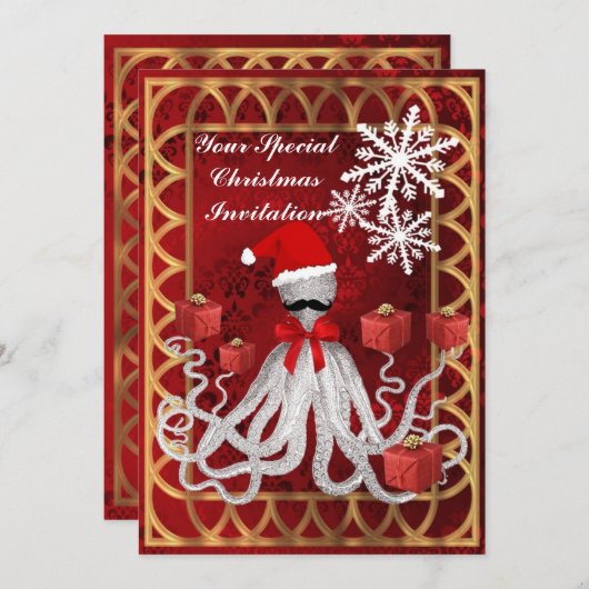 赤いおもしろいダマスクのクリスマスタコ 招待状 (正面/裏面)