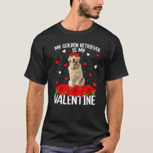 赤いおもしろいローズフラワーハートゴールデンレトリエバードッグV Tシャツ