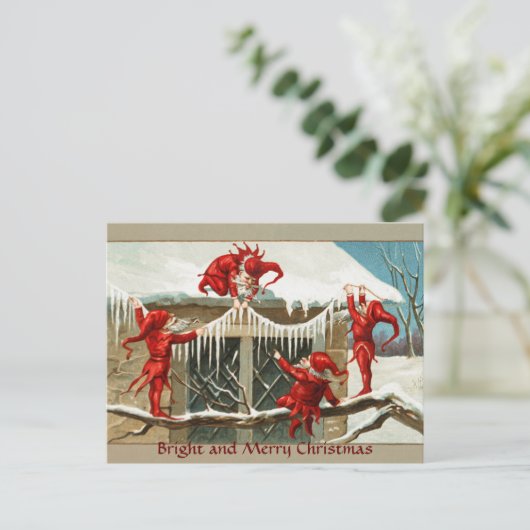 赤いおもしろい小人と氷柱の付いたクリスマスデコール シーズンポストカード (スタンド正面)