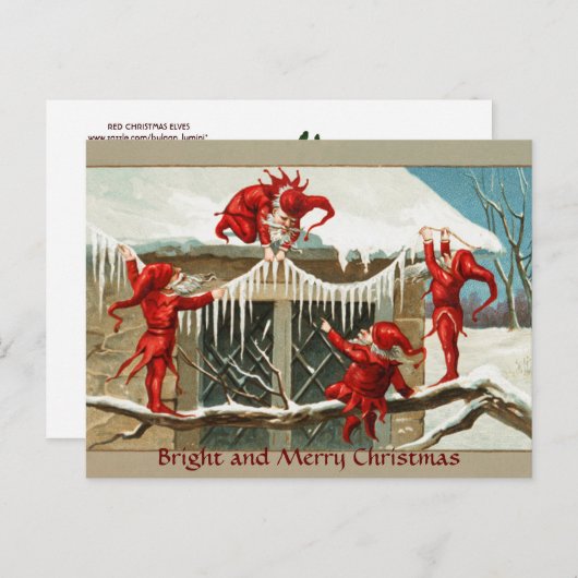 赤いおもしろい小人と氷柱の付いたクリスマスデコール シーズンポストカード (正面/裏面)