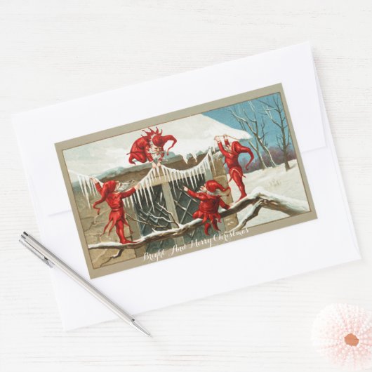 赤いおもしろい小人と氷柱の付いたクリスマスデコール 長方形シール (封筒)