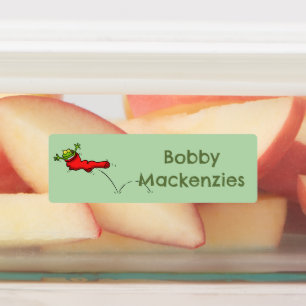 赤いおもしろい靴下の漫画の中のパーソナライズされたカエル ラベル