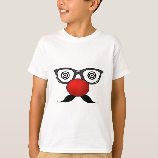 赤いおもしろい鼻風変わり眼鏡ひげ Tシャツ (正面)