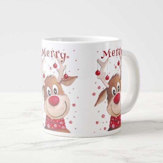赤いおもしろい〔雄ジカの〕枝角付きクリスマスのトナカイオーナメント ジャンボコーヒーマグカップ (正面右)