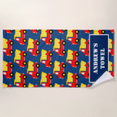 赤いおもちゃのダンプトラックの建築のテーマのカスタムの子供 ビーチタオル (正面)