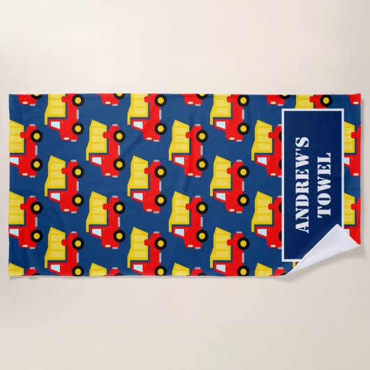 赤いおもちゃのダンプトラックの建築のテーマのカスタムの子供 ビーチタオル (正面)