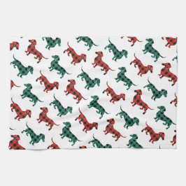 赤いおよび緑のクリスマスのダックスフントの国の台所 キッチンタオル