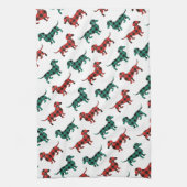 赤いおよび緑のクリスマスのダックスフントの国の台所 キッチンタオル (縦)