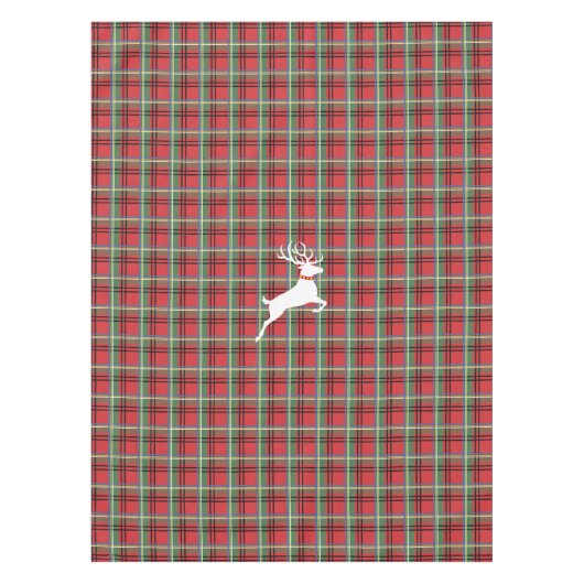 赤いおよび緑のタータンチェックのクリスマスの格子縞のトナカイ テーブルクロス (正面)